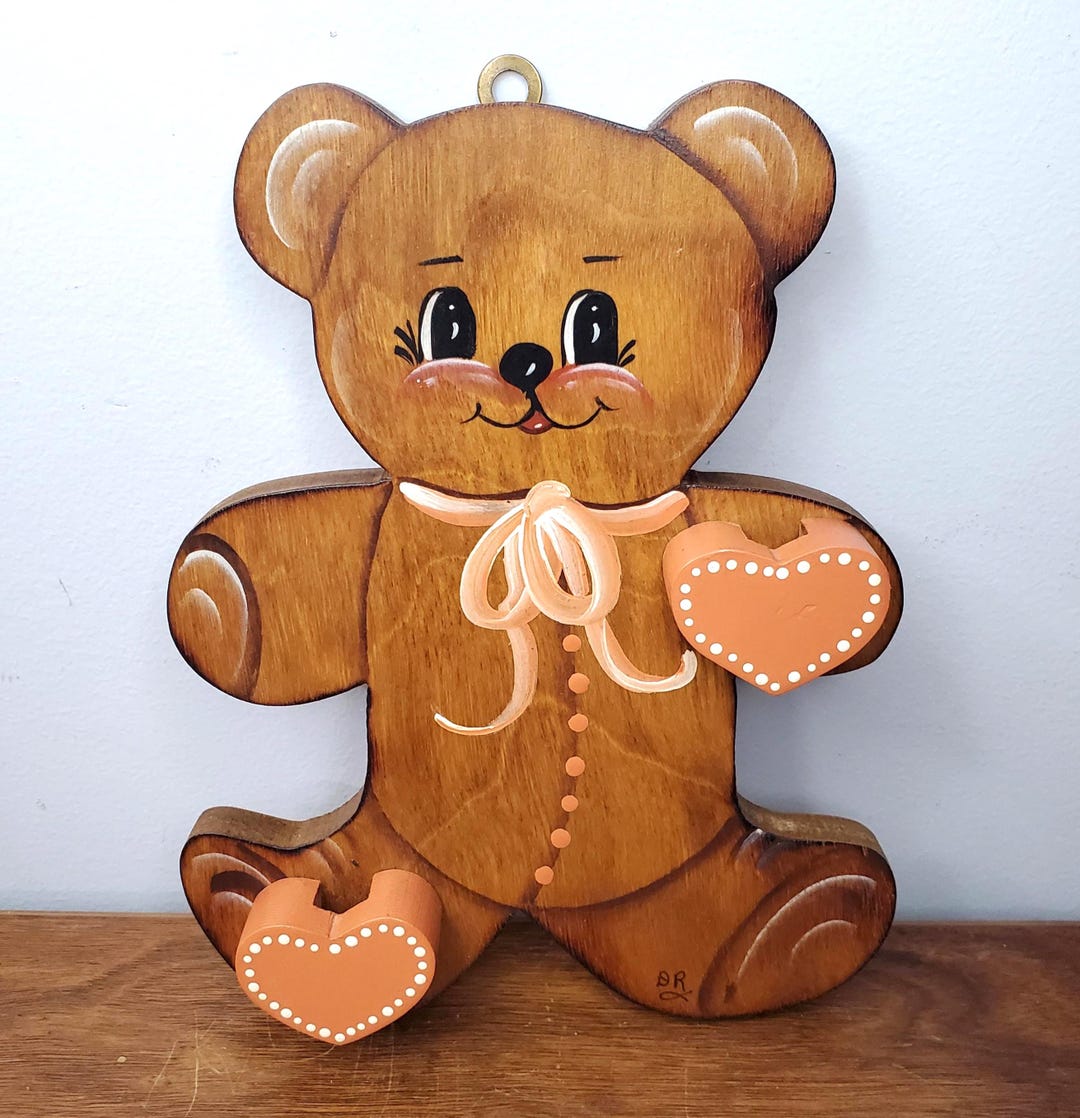 VTG Wooden Teddy Bear Wall Hanging Hand Painted Crafted Folk Art
