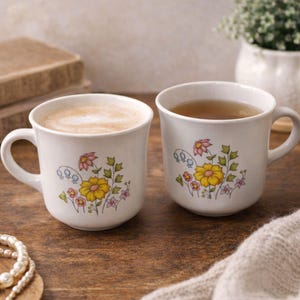 May include: Two white ceramic mugs with floral patterns, one filled with a foamy drink and the other with tea. The mugs have a curved handle and are decorated with yellow, pink, and blue flowers and green leaves.