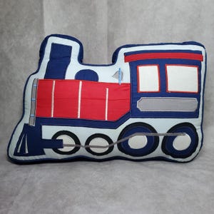 Train Engine Shaped Pillow for Kids Red Blue Embroidered Applique Cushion for Nursery or Toddler Room Transportation Theme Decor