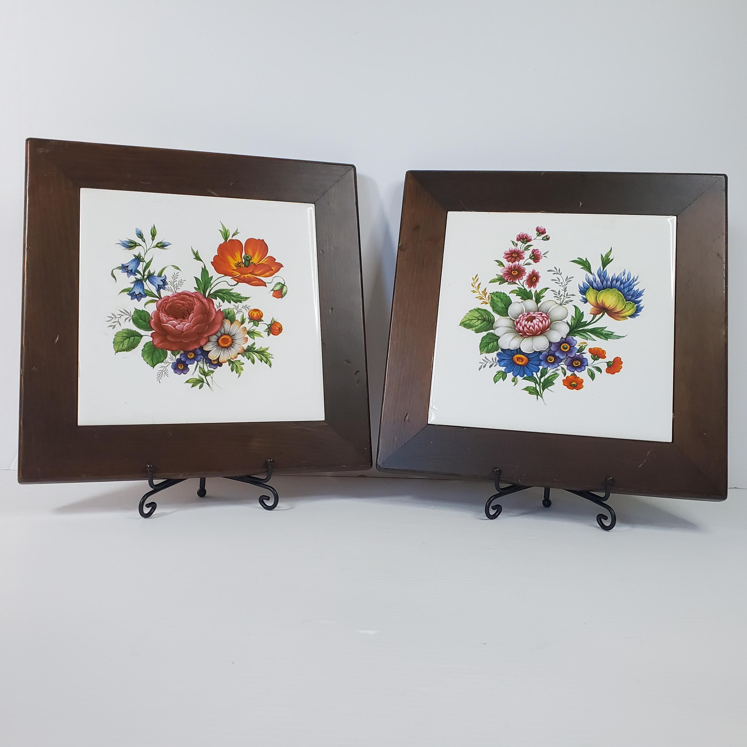 Vintage Framed Floral Ceramic Tiles by H and R Johnson England