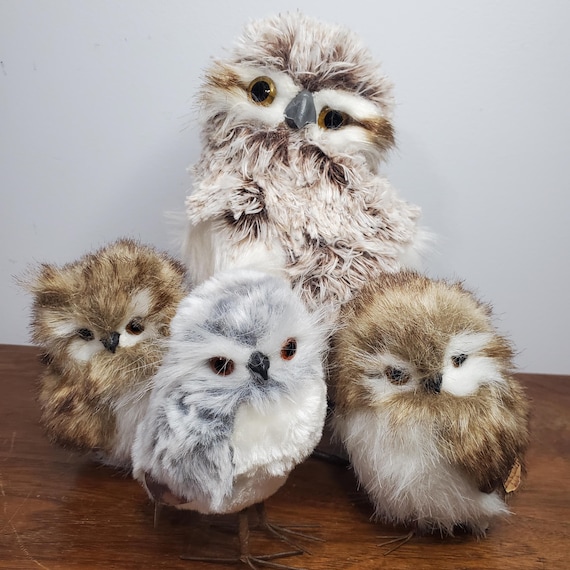 * vintage owl ❀ * もふもふ フクロウさん VTG Style Feather Faux Fur Owl Figurines Set of 4 Rustic Woodland