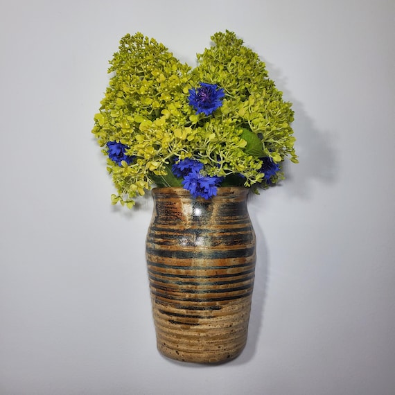 VTG 1987 Studio Pottery Vase by N Madsen Signed Hand Thrown Striped Clay Wall Pocket Organic Modern Ceramic Rustic Cottagecore Art Decor