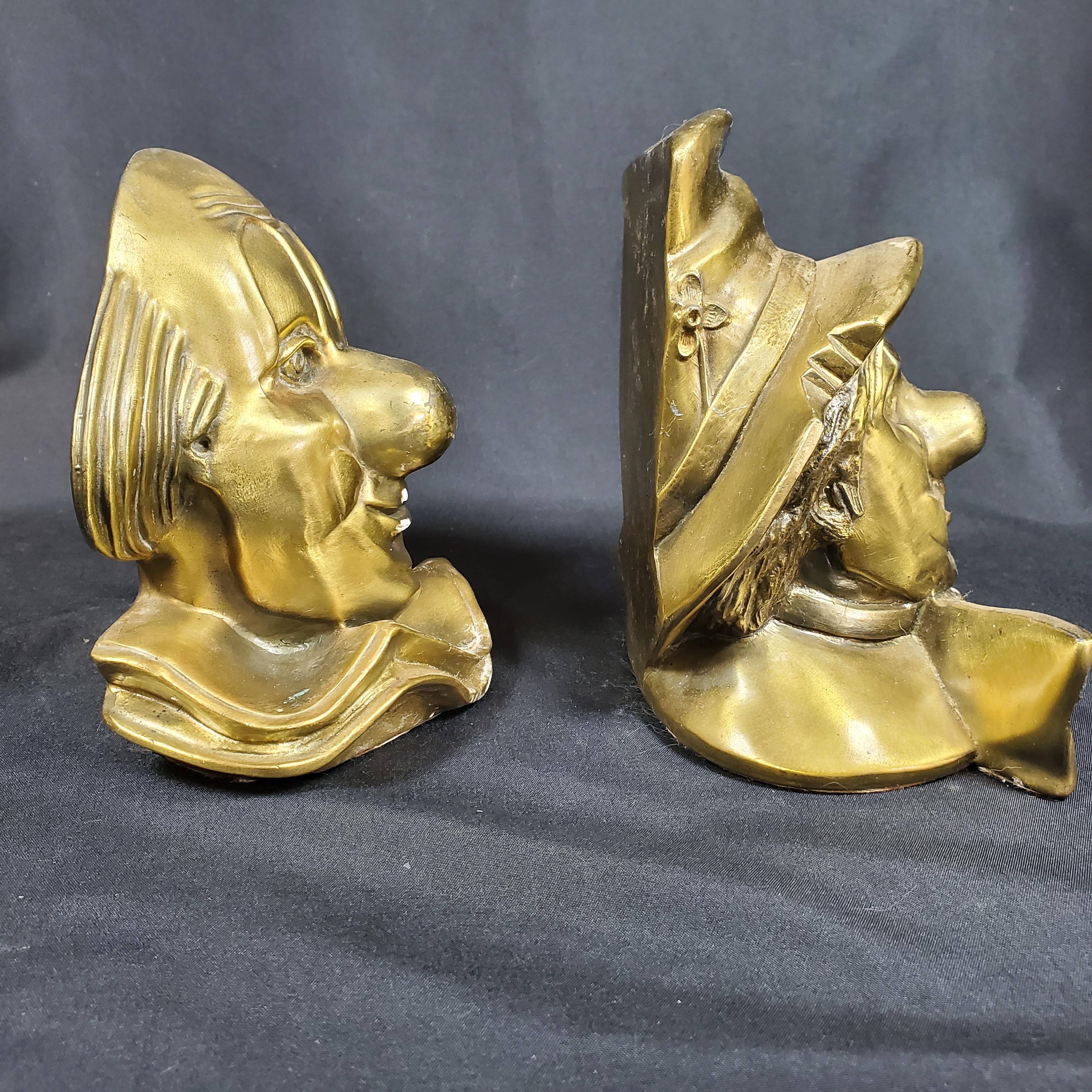 VTG PM Craftsman Clown Bookends Set Happy & Sad Brass Tone Cast