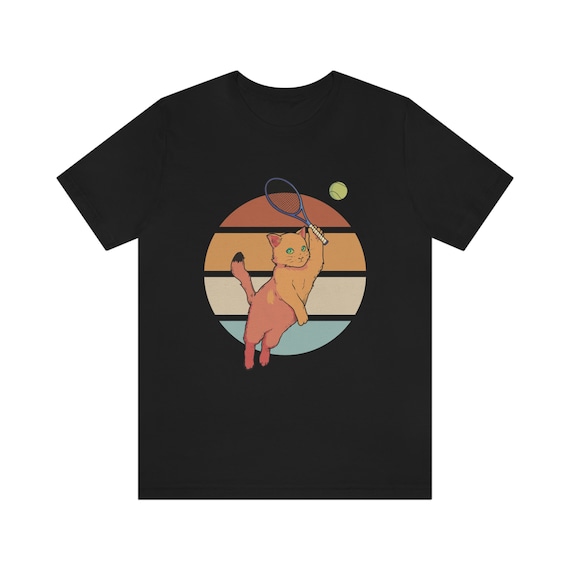 Cat Playing Tennis Tshirt, Gift for Tennis Lover, Cat Gift, Tennis Gift, Retro Sunset Graphic Shirt, Unisex Jersey Short Sleeve Tee