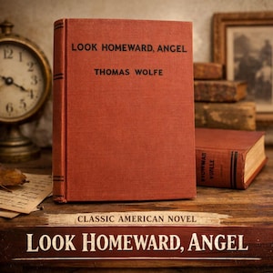 May include: A vintage, red-orange hardcover book titled "Look Homeward, Angel" by Thomas Wolfe. The book is standing upright on a wooden surface, with a second book and an antique clock in the background. The words "Classic American Novel" are also visible.