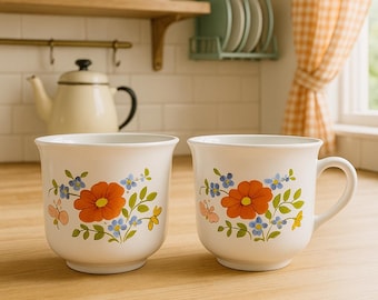 Vintage Corelle Wildflower Mugs Set of 2 Corning USA Coffee Cups Orange Blue Floral 1970s Retro Kitchen Cottagecore
