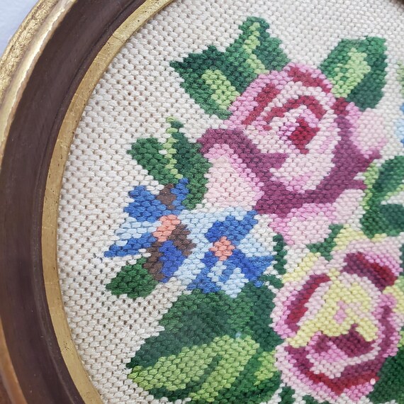 VTG Floral Needlepoint Wall Art Oval Frame Roses & Blue Flowers