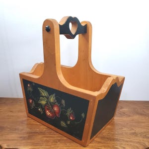 VTG Wooden Tote Box Hand Painted Strawberry Folk Art Signed P Comis Primitive Cottagecore Decor Rustic Farmhouse Kitchen Storage Caddy Decor