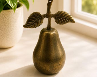 Vintage massief messing peervormige bel met bladvormig handvat, handgemaakt decoratief stuk, gemaakt in India.