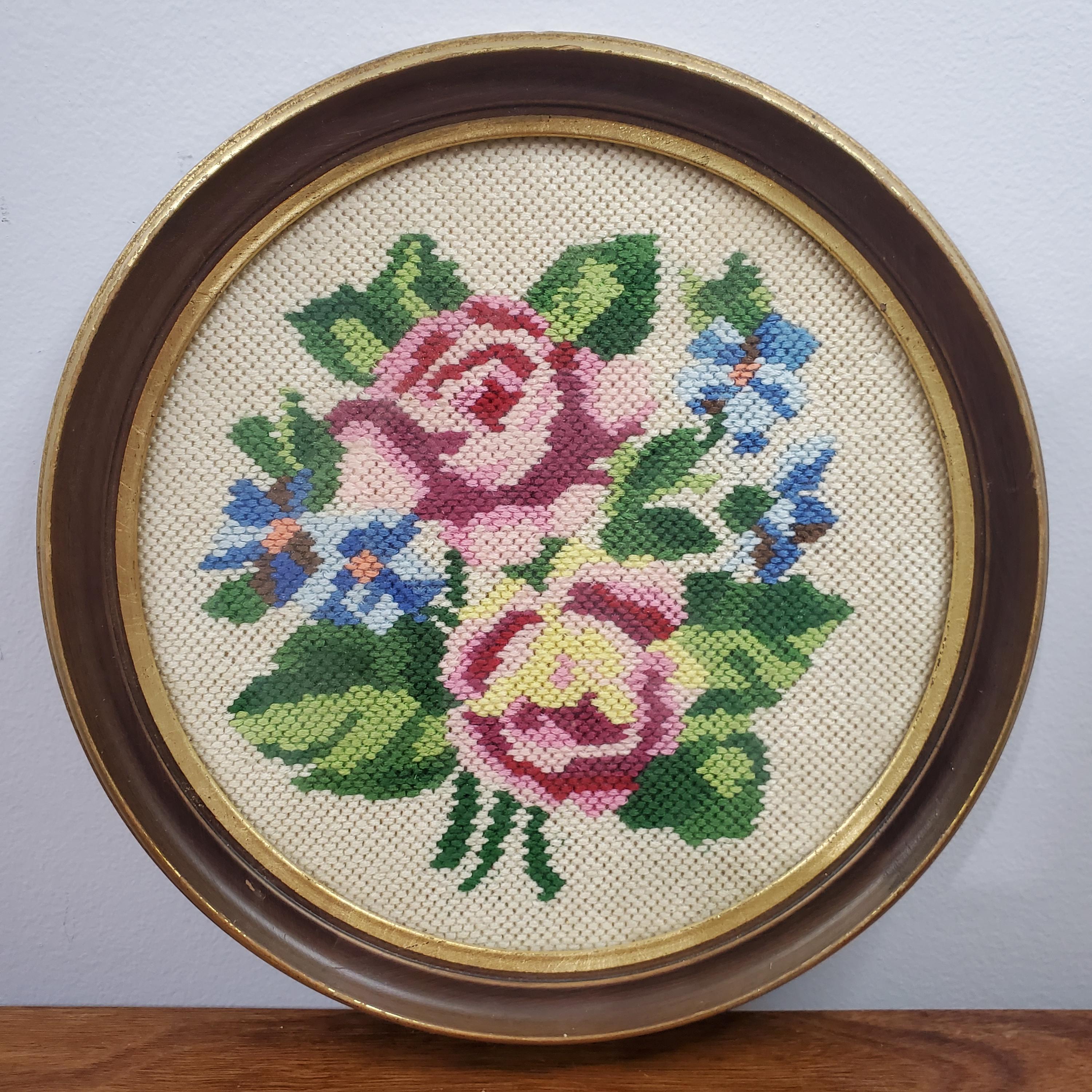 VTG Floral Needlepoint Wall Art Oval Frame Roses & Blue Flowers