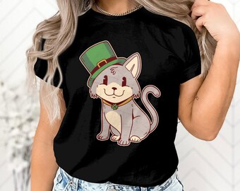 May include: A black t-shirt with a cartoon image of a gray cat wearing a green leprechaun hat. The cat is wearing a green clover necklace.
