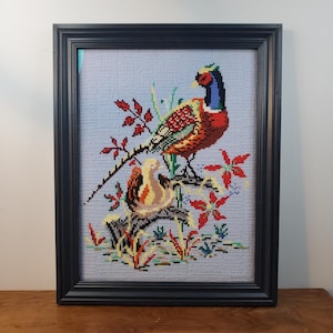 Embroidered Bird Art Vintage Needlepoint Set Mallards in Flight Fall Pheasants Framed Cottagecore Rustic Wall Decor Signed 1960s 1970s