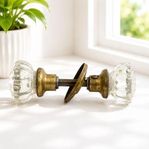 Vintage Glass & Brass Door Knob Set With Single Escutcheon Plate 6" Length 2" Knob Diameter