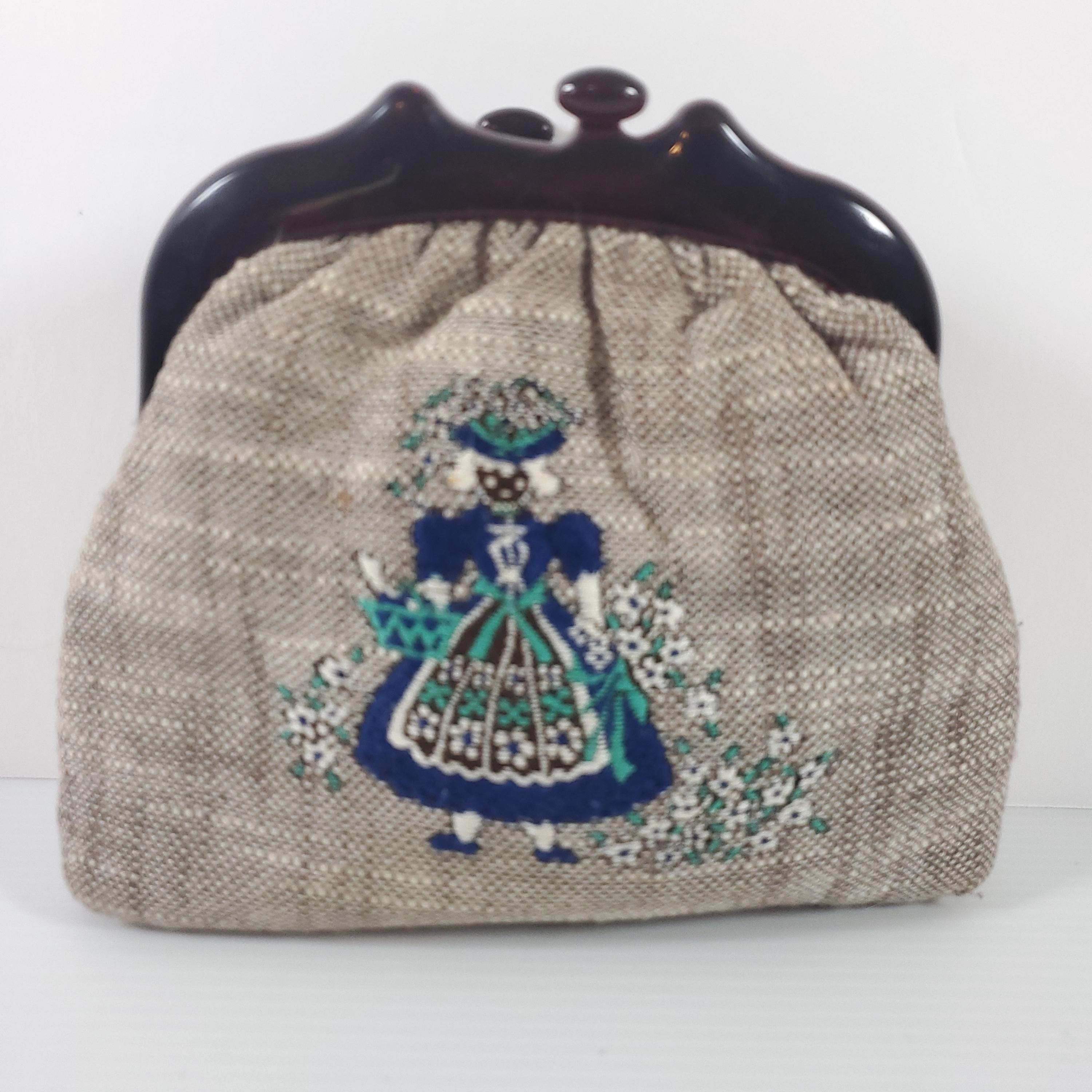 Vintage Michiko Kuge Embroidered Purse Japan Folk Art Clutch Kiss
