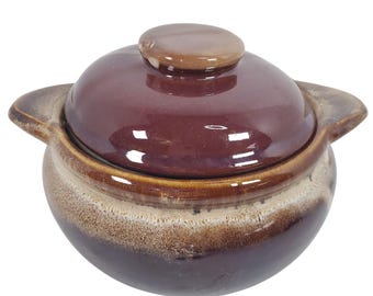 Vintage Brown Stoneware Lidded Casserole Dish 8" Diameter 6" Height Rustic Glazed Ceramic Oven-Safe Decor