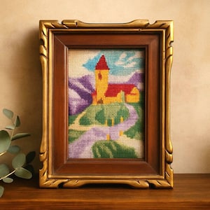 Vintage Framed Needlepoint Art: Hand-Stitched Castle Mountain Landscape