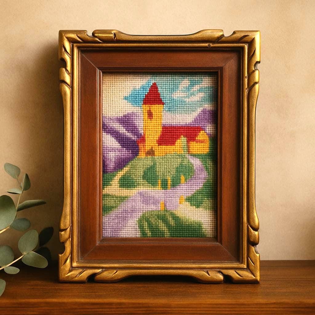 Vintage Framed Needlepoint Art: Hand-stitched Castle Mountain