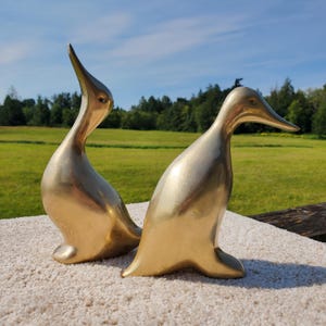 Vintage Brass Duck Pair Minimalist Mid Century Modern Bird Sculptures Solid Brass Geese Figurines Shelf Decor Cottagecore Mantel Art