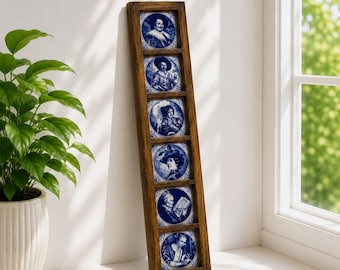 Framed Blue & White Delft Tile Art Featuring Historical Portraits 6-Piece Set Wooden Frame 16" x 4.5" Antique Style