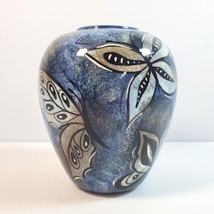 Hand Painted Butterfly Vase Signed SAB4 Blue Cottagecore Glazed Ceramic Art Pottery 6&quot; Tall Boho Nature Decor Studio Pottery Home Accent