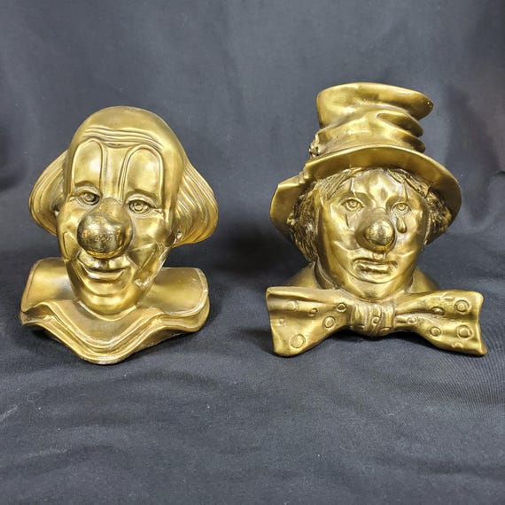 1940 Brass Clown Head Bookends クラウンヘッド VTG PM Craftsman Clown Bookends Set Happy & Sad Brass Tone Cast
