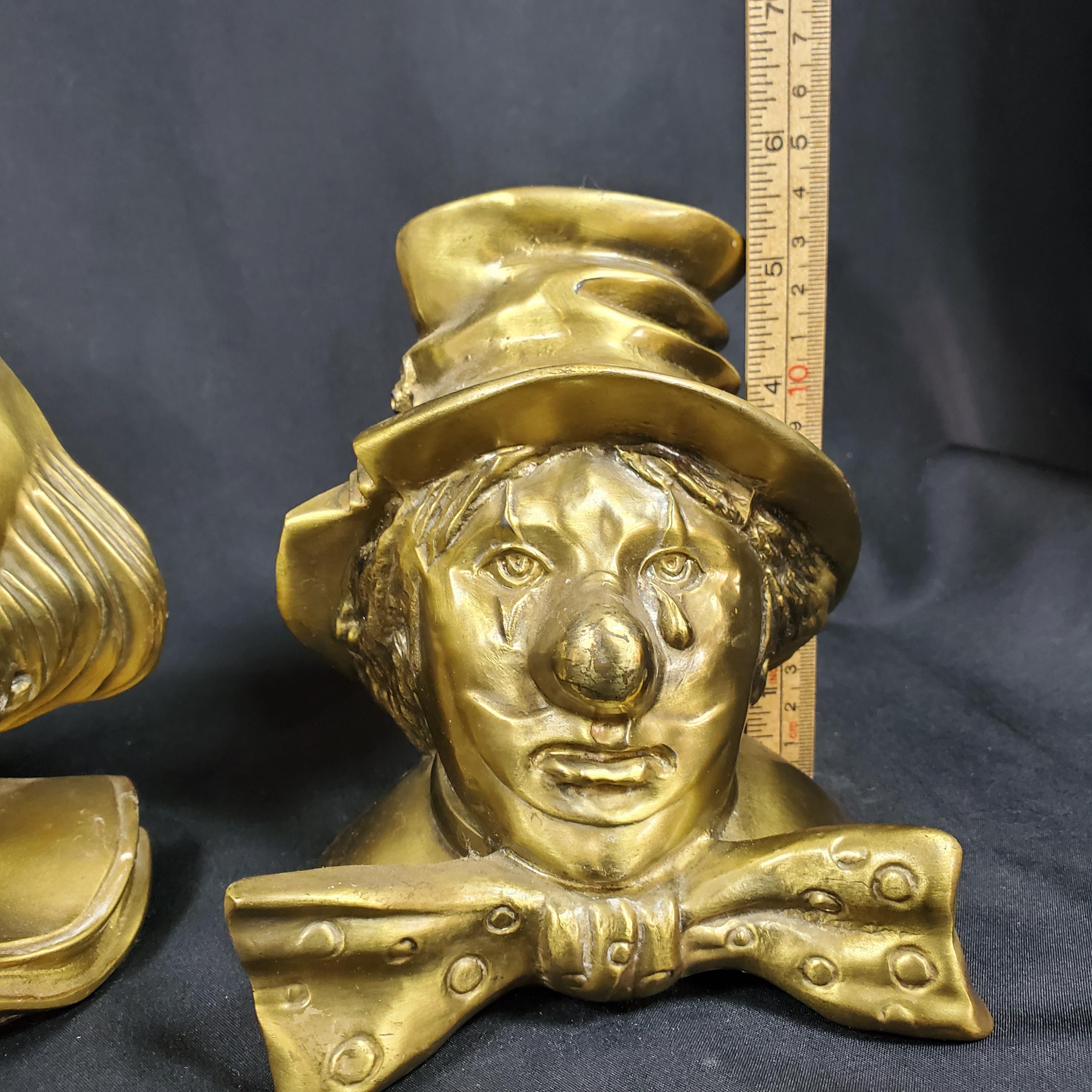 1940 Brass Clown Head Bookends クラウンヘッド VTG PM Craftsman Clown Bookends Set Happy & Sad Brass Tone Cast