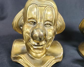 VTG PM Craftsman Clown Bookends Set Happy & Sad Brass Tone Cast