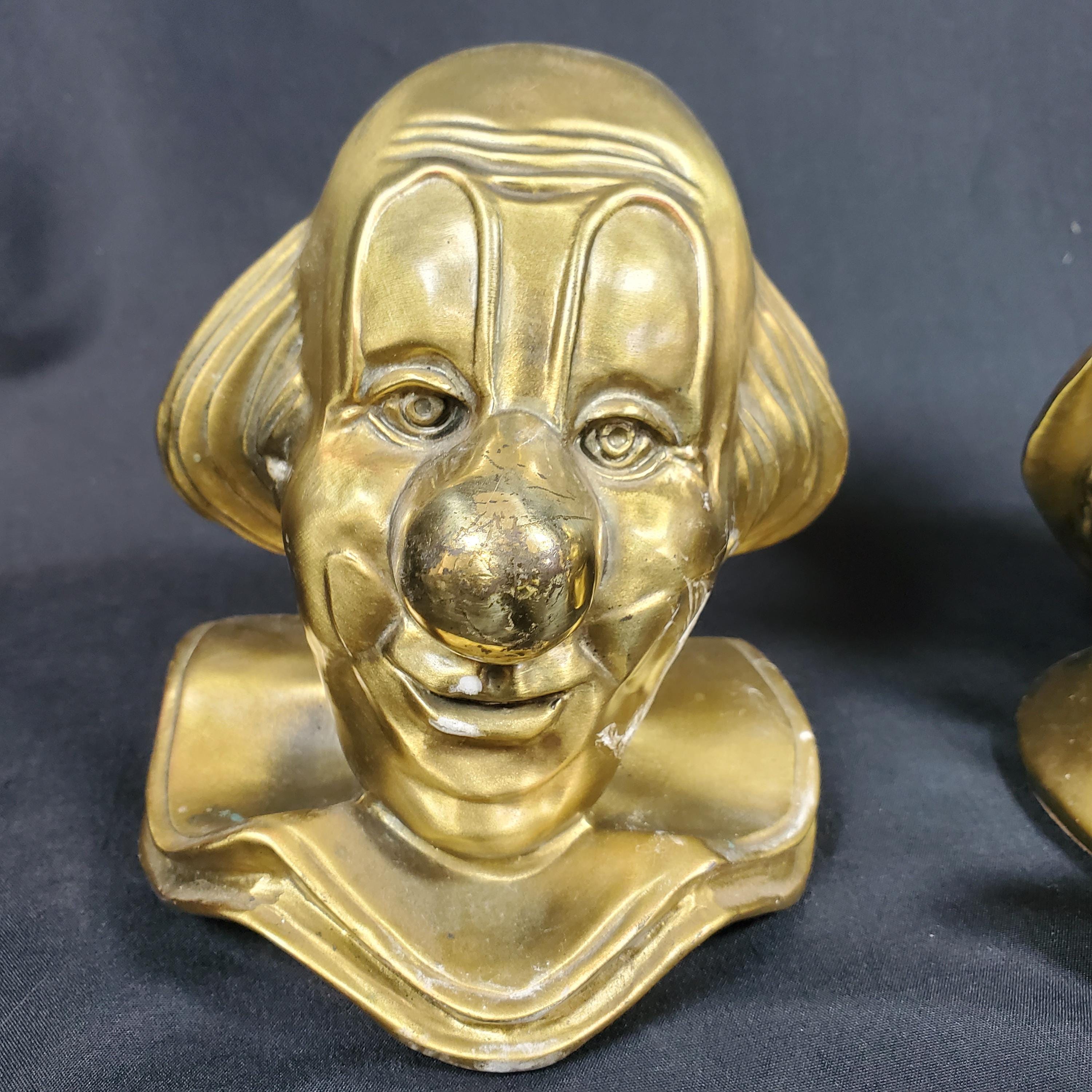 1940 Brass Clown Head Bookends クラウンヘッド VTG PM Craftsman Clown Bookends Set Happy & Sad Brass Tone Cast