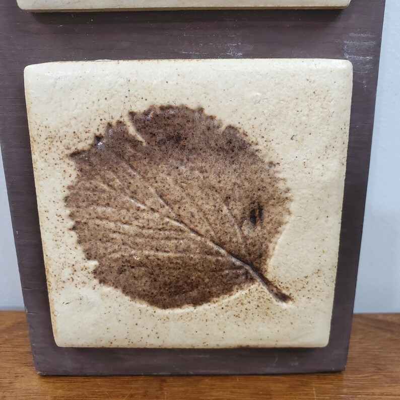 Puede incluir: Primer plano de un adorno de pared decorativo con una baldosa de cer&aacute;mica cuadrada con una impresi&oacute;n de hoja marr&oacute;n. La baldosa est&aacute; colocada sobre un marco de madera marr&oacute;n oscuro. El dise&ntilde;o de la hoja es detallado y texturizado.