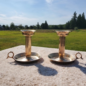 Pair of VTG Rococo Brass Chamberstick Candle Holders with Finger Loops Colonial Revival Candlesticks Taper Holders Classic Hollywood Decor