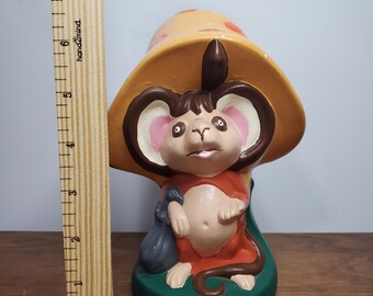 VTG 1977 セラミック製 キノコの下のネズミの置物 サイン入り Vicki