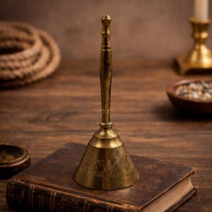 May include: A vintage brass bell with a long handle and a conical base, resting on a worn leather-bound book. The bell has etched floral designs and a warm, golden hue. The background includes a wooden surface and a coiled rope.