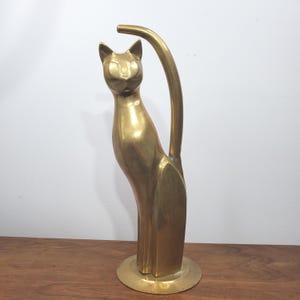 Vintage Brass Cat Figurine 11.5&quot; Tall Sleek Midcentury Fall Halloween Decor Black Cat Statue Doorstop Shelf Accent Retro Cat Lover Gift