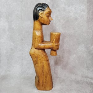 Vintage Rustic Folk Art Hand Carved Wood Woman Statue 14&quot; Art Figurine with Goblet Tribal Style Rustic Mid Century Primitive Shelf Decor