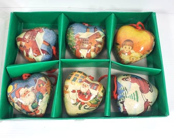 Vintage herzförmige Weihnachtsschmuck Boxed 6er Set Weihnachtsmann Kinder Papier Mache Urlaub Baumschmuck Retro 1950er Jahre Stil