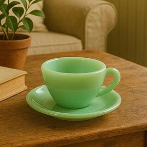 Vintage Fire-King Jadeite Cup & Saucer | Anchor Hocking Mid Century Milk Glass Green Coffee Tea Cup | Collectible Kitchenware