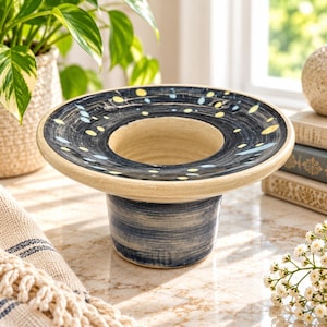 May include: A ceramic bowl with a wide, flat rim and a cylindrical base. The exterior of the base and the top of the rim feature a dark blue, brushed finish. The rim is decorated with small, scattered yellow and light blue oval-shaped spots.
