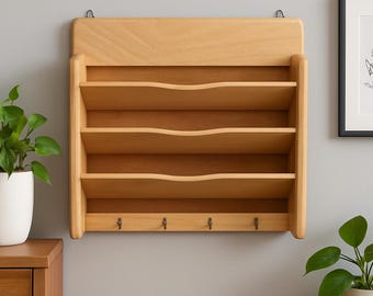 Estante de pared de madera vintage con 3 niveles y 4 ganchos, estante rústico para llaves, especiero, organizador de correo, almacenamiento artesanal para la entrada de la cocina.