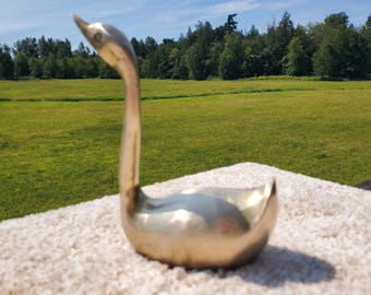 Può includere: Una statuetta a forma di cigno in ottone con un collo lungo e curvo e un piccolo corpo a forma di ciotola aperta. Il cigno è posizionato su una superficie strutturata bianco sporco, con un campo verde e alberi sullo sfondo sotto un cielo blu.