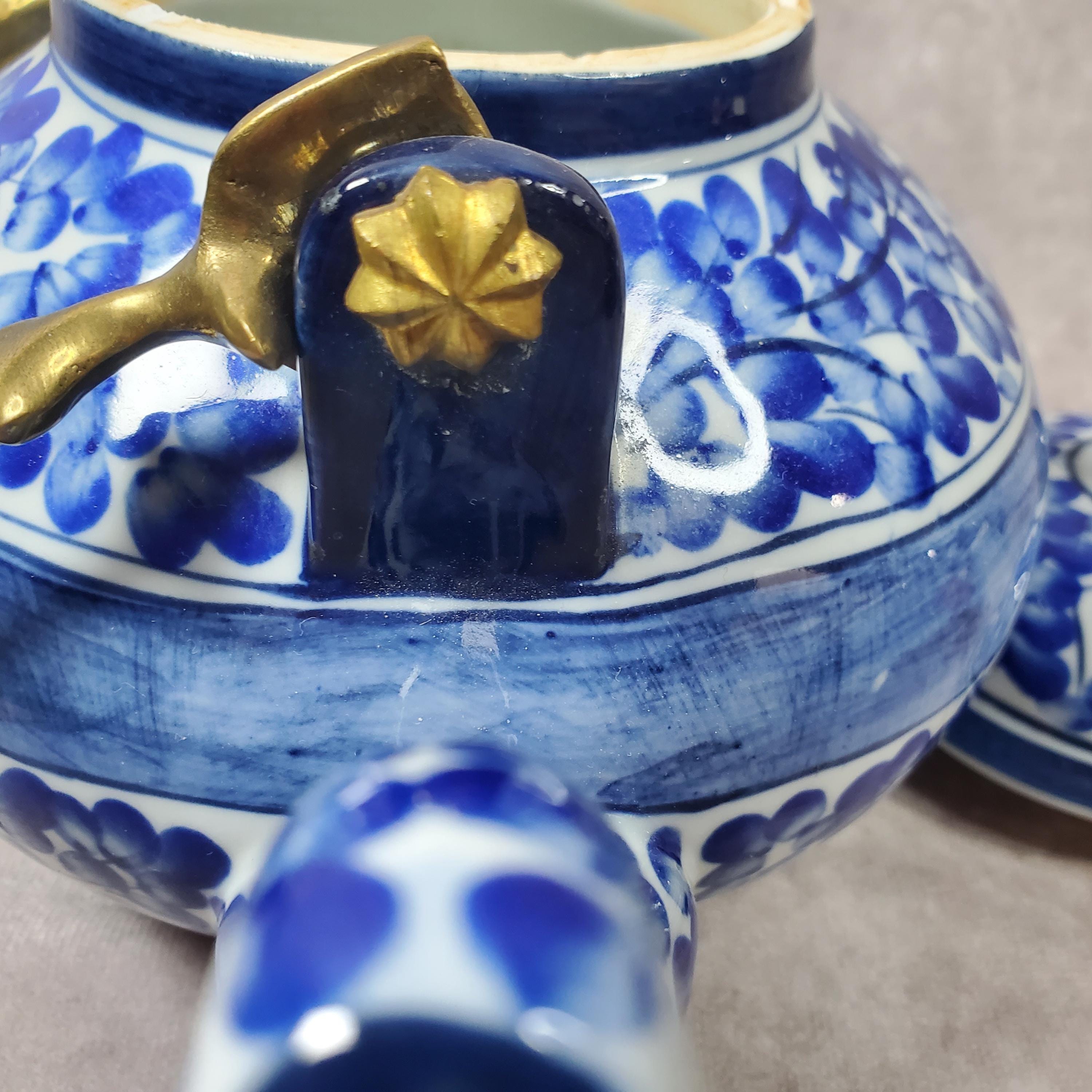 Grandmillennial Blue and White Ceramic Teapot With Brass Handle