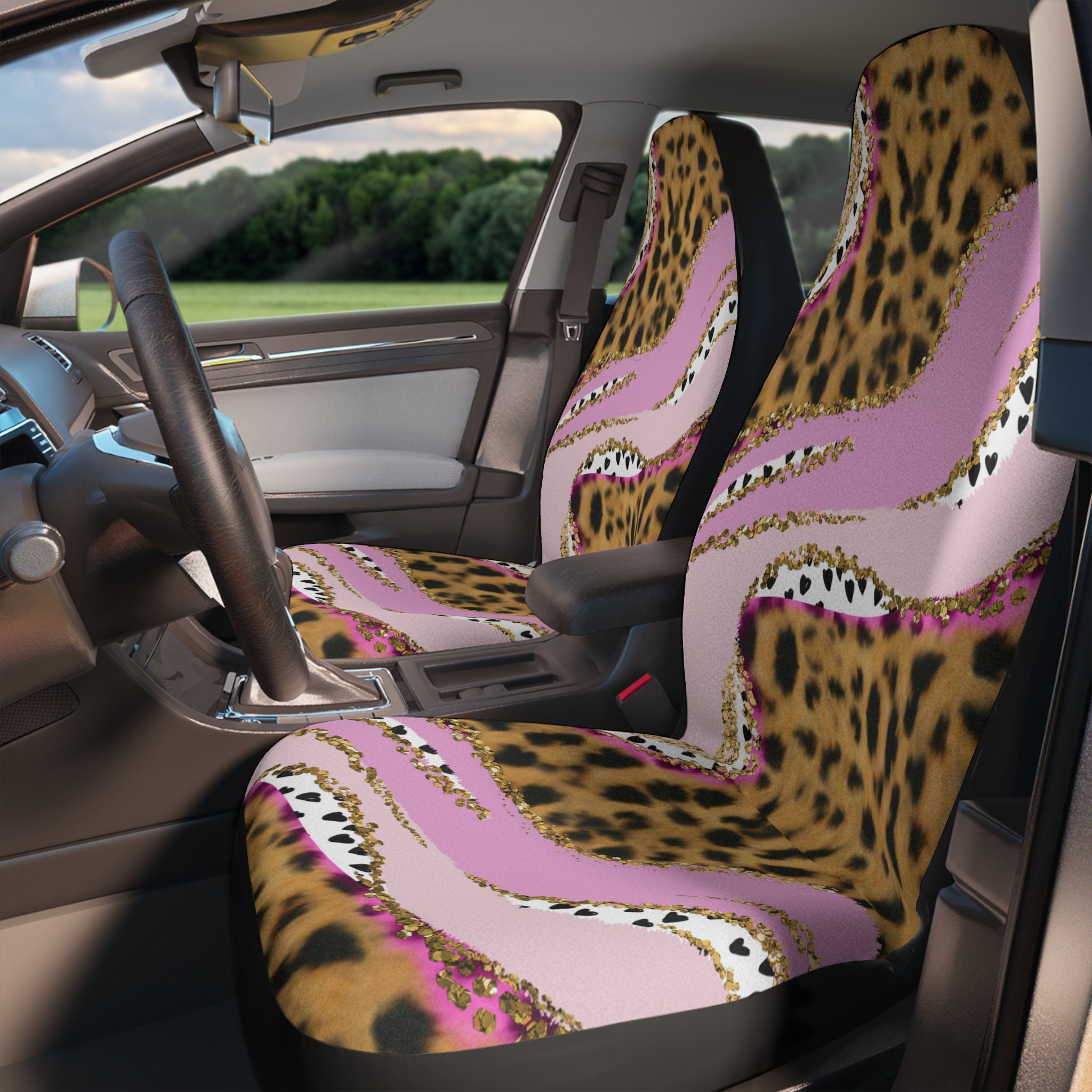 Hot Pink Car Seat Covers Full Set Cute Leopard Print Car Accessories for  Women