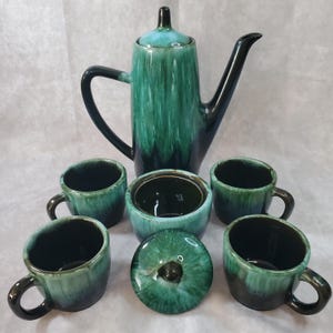 Blue Mountain Pottery Coffee Set Canada | Green Drip Glaze Teapot Coffee 4 Cups Sugar Bowl | Vintage MCM Ceramic Pottery 6pc Set