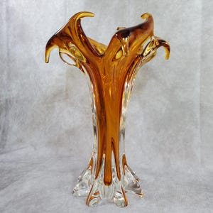 Vintage Amber Art Glass Vase 12” | Flame Pulled Murano Style Freeform Mid-Century Decor | Retro Heavy Glass Centerpiece