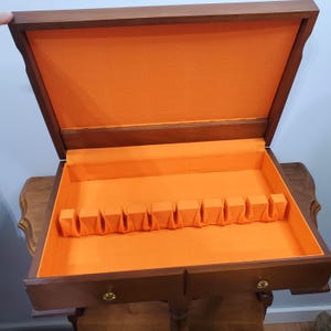 VTG Wooden Flatware Storage Chest Orange Lined Silverware Box with Drawer Mid Century Modern Cutlery Case Retro Dining Room Decor