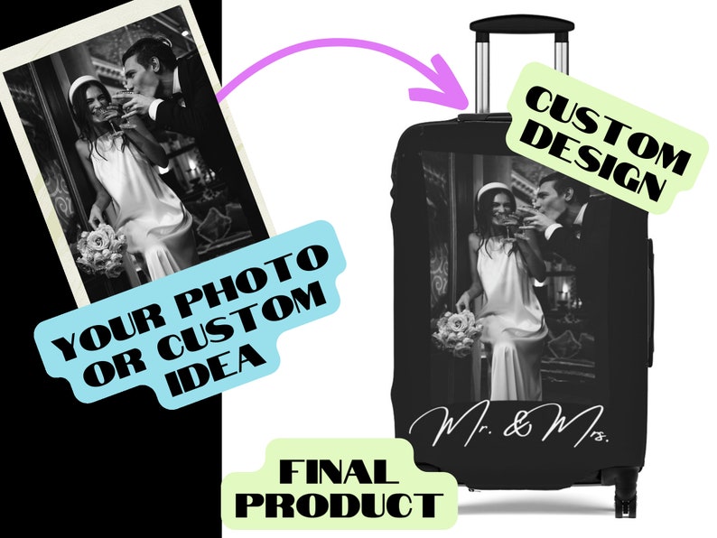 May include: Black and white photo of a couple in formal attire, printed on a black suitcase cover. The suitcase has a handle and wheels. The text "Mr. & Mrs." is printed on the bottom of the suitcase cover.