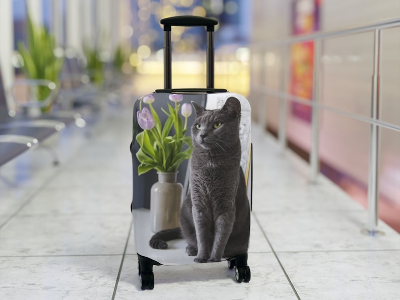 May include: A gray cat with green eyes sits in front of a vase of pink tulips on a suitcase with a black handle.