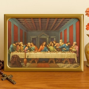 VTG Lenticular Last Supper 3D Religious Wall Art Gold Frame Jesus Apostles Christian Home Décor