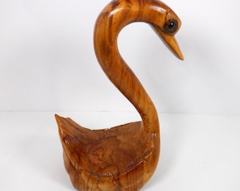 Hand-Carved Wooden Swan Figurine Rustic Decor 10" Tall Vintage With Natural Wood Grain Detailing