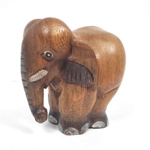 Hand-Carved Wooden Elephant Figurine Rustic Folk Art Animal Sculpture VTG Safari Decor Good Luck Elephant Collectible Boho Shelf