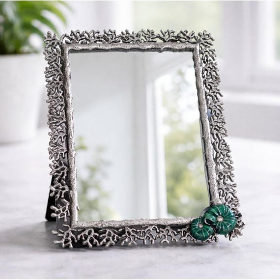 Vintage Silber Coral Spiegel Rahmen Grün Floral Akzent Küsten Dekor